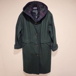 Herman Kay Womens Long Coat Size 12P Wool Blend Green Plaid Hood Vintage 90s 80s